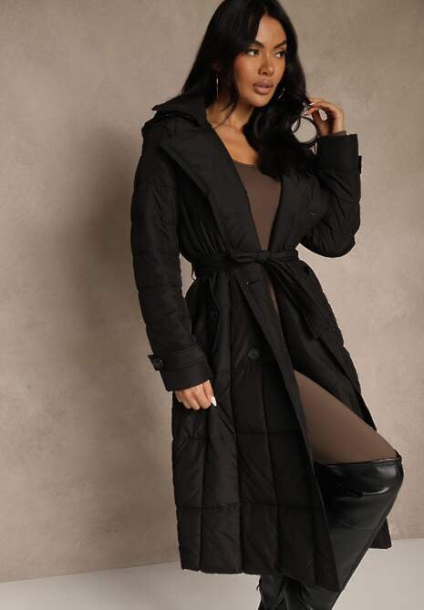 Czarna Kurtka Pikowana z Paskiem Yeclu