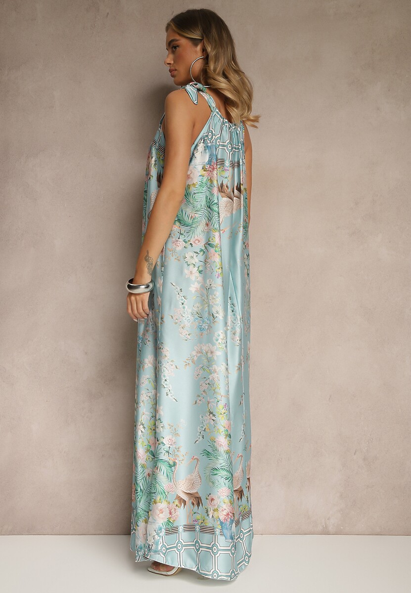 Jasnozielona Sukienka z Satyny Zdobiona Kwiatowym Wzorem i Wiązaniem Fenalesa