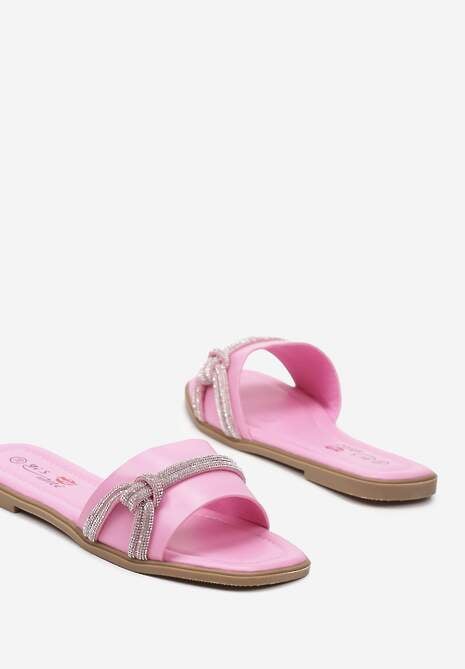 Różowe Klapki na Płaskiej Podeszwie z Imitacji Skóry z Ozdobnymi Cyrkoniami Hanita