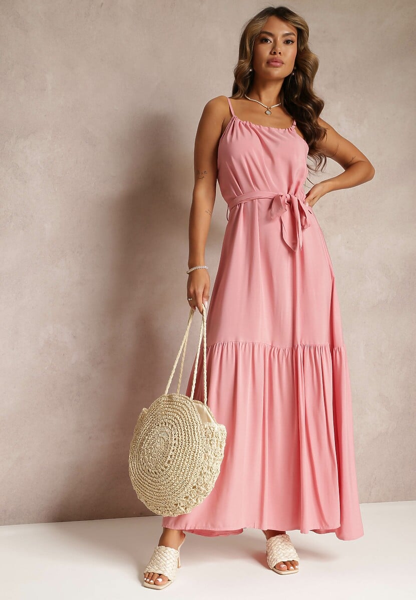 Różowa Rozkloszowana Sukienka na Ramiączkach z Wiązanym Paskiem Diadite