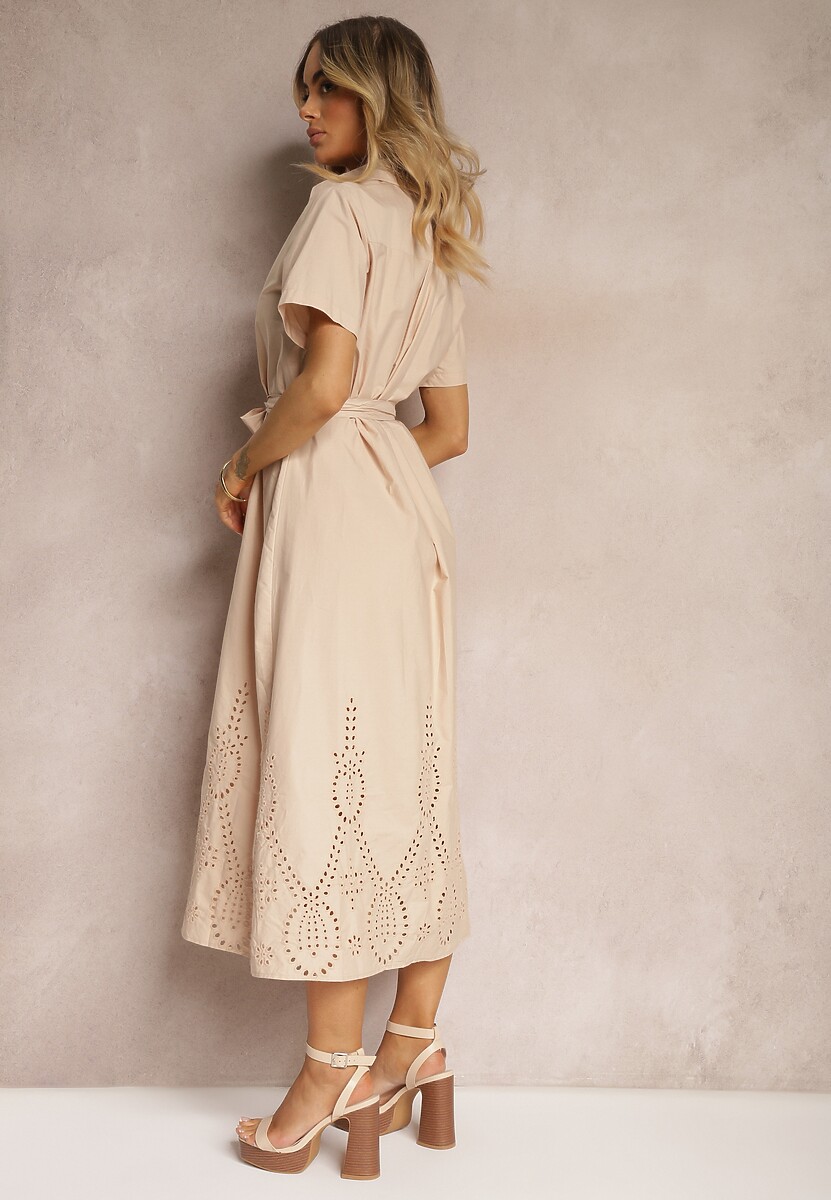 Beżowa Bawełniana Sukienka o Ażurowym Wykończeniu z Paskiem w Talii Zapinana na Guziki Dimosha