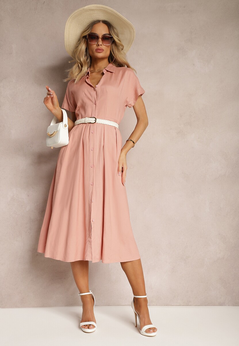 Ciemnoróżowa Sukienka Koszulowa z Lnem i Wiskozą Jucilla