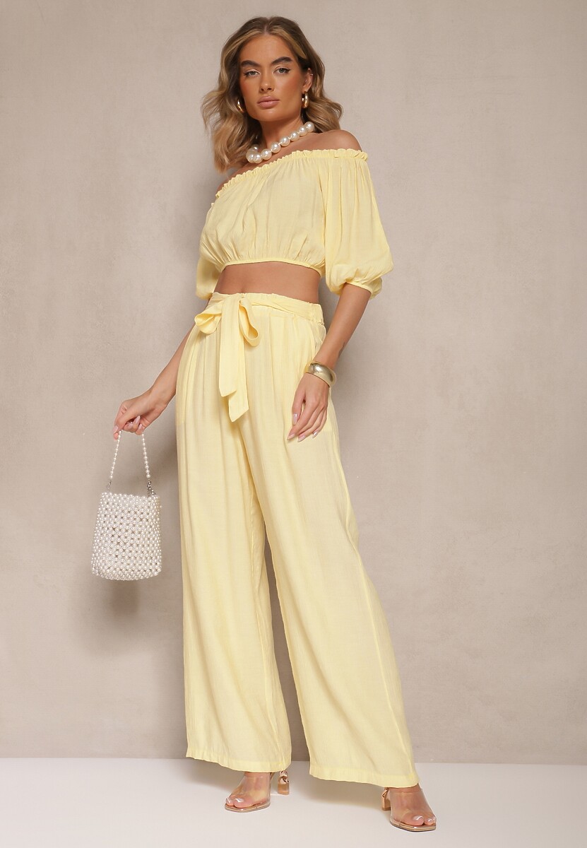 Żółty Komplet Spodnie o Szerokim Kroju i Bufiasta Bluzka Idalisse