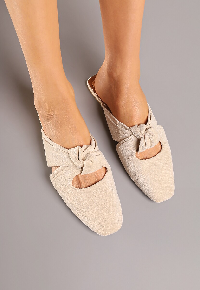 Beżowe Klapki Vices Typu Mule z Ozdobnym Supłem Elitina