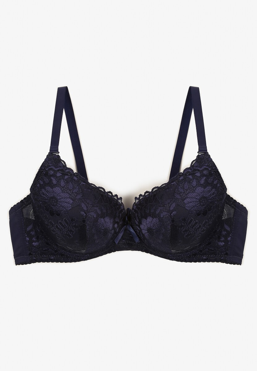 Granatowy Koronkowy Biustonosz z Kwiatowym Motywem Nelamis