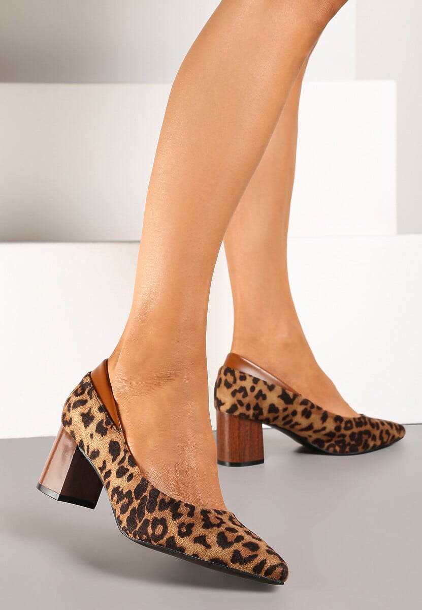 Brązowe Czółenka na Słupku w Klasycznym Stylu Ozdobione Wzorem w Panterkę Zeianae