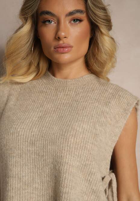 Beżowa Kamizelka z Dzianiny z Wełną i Wiskozą Zdobiona Wiązaniami Annivoriae