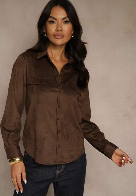 Brązowa Koszula z Imitacji Zamszu z Klapami Retilda