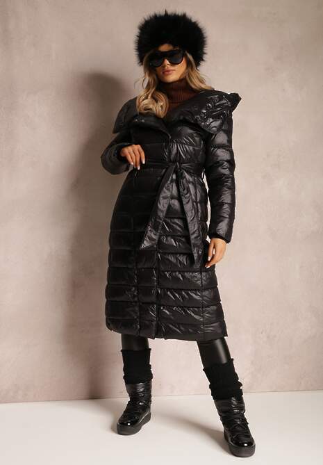 Czarna Kurtka Płaszcz z Szerokim Kołnierzem i Kapturem Wiązana w Pasie Lilave