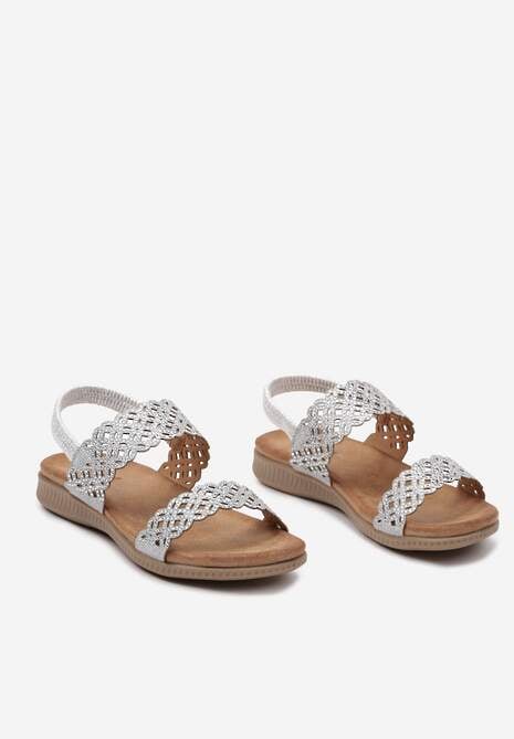 Srebrne Wsuwane Sandały z Ażurowymi Zdobieniami i Brokatem Tomoella