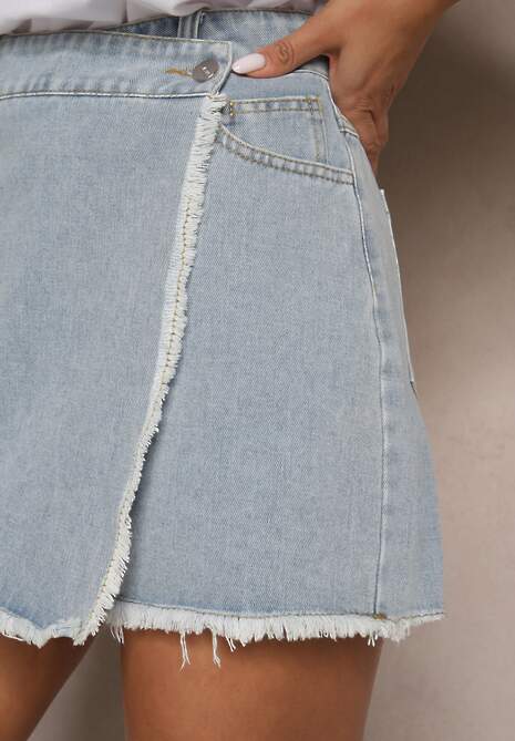 Jasnoniebieskie Bawełniane Jeansowe Spódnico-Spodenki High Waist o Asymetrycznym Kroju Alwiwi
