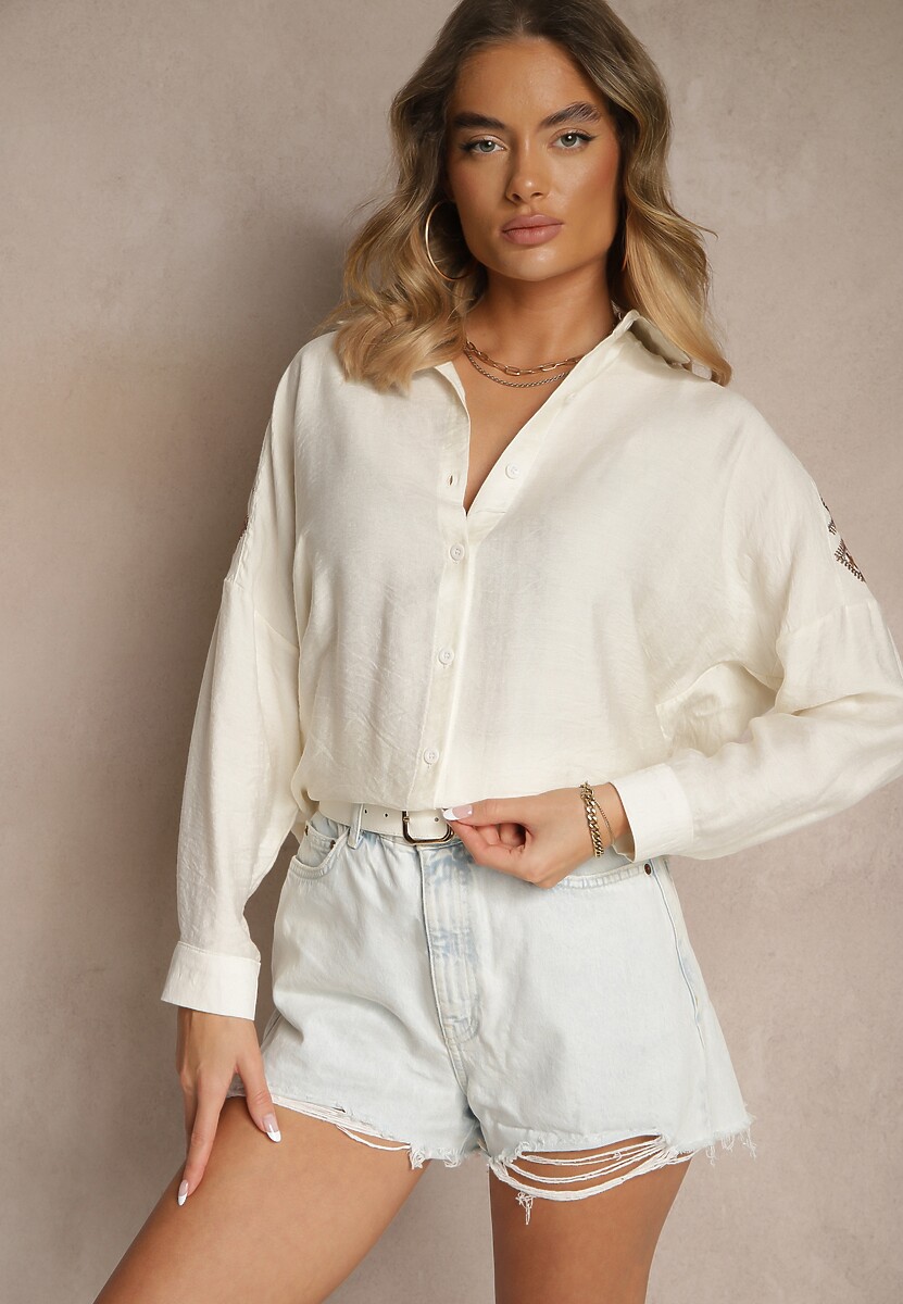 Beżowa Koszula z Ozdobnym Haftem Sadine