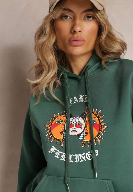 Ciemnozielona Bluza Kangurka z Nadrukiem i Kapturem Uvella