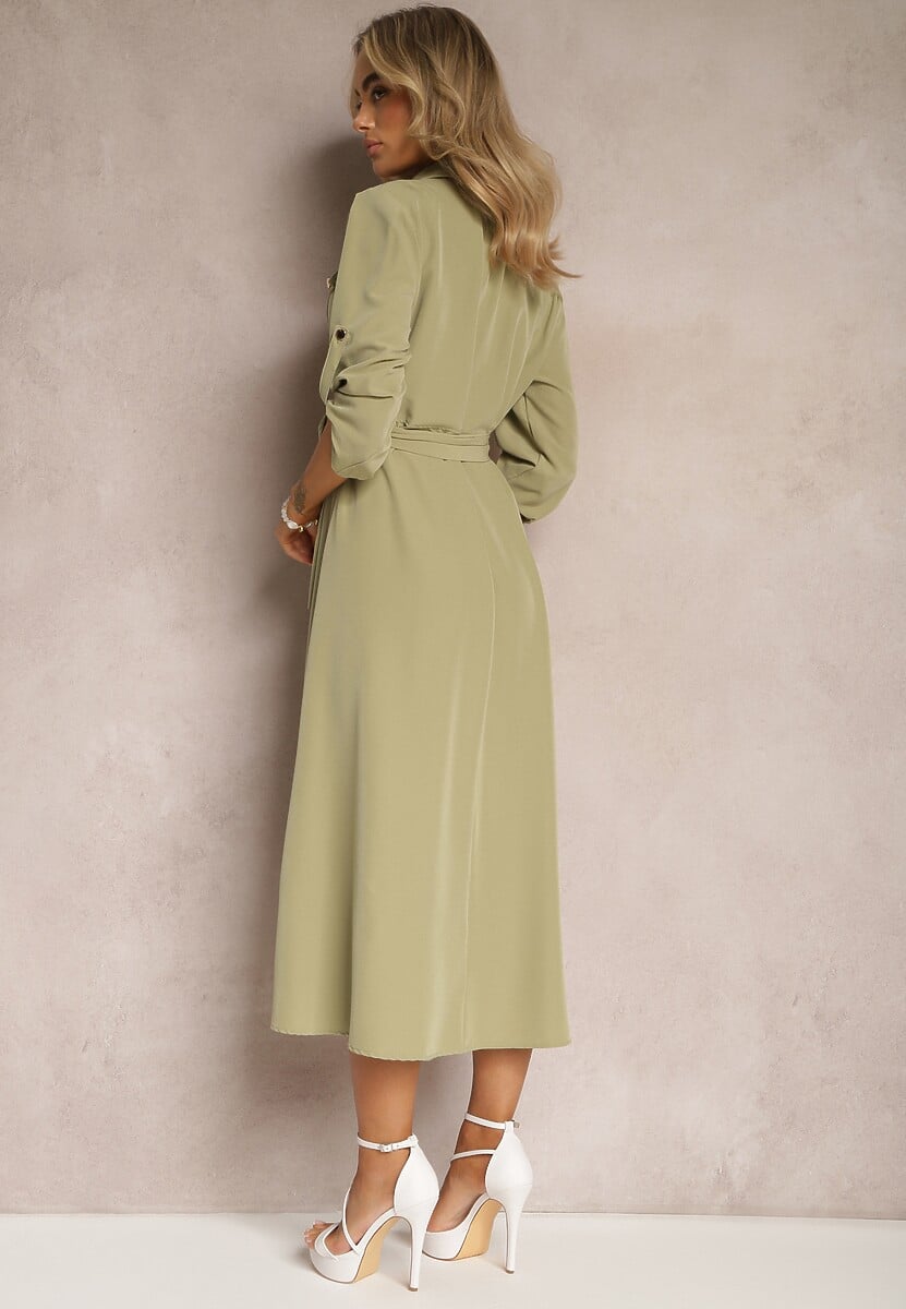 Jasnozielona Długa Sukienka z Rozkloszowanym Dołem i Koszulową Górą Kitesi