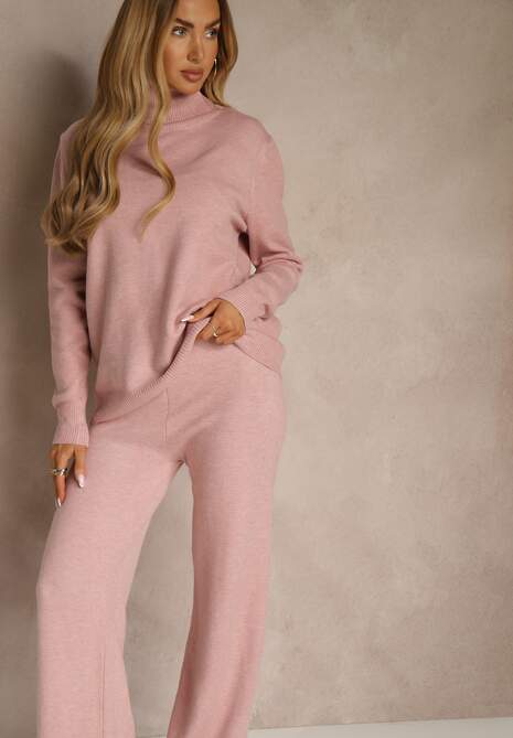 Różowy Komplet Dzianinowy z Wełną i Bawełną Szerokie Spodnie i Golf Lennria