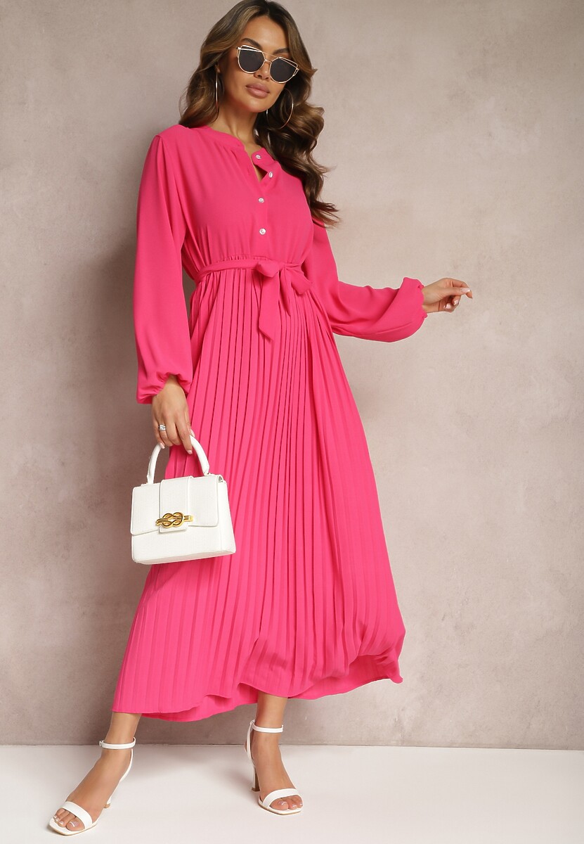Różowa Rozkloszowana Sukienka Maxi Plisowana Wiązana w Pasie Terilla