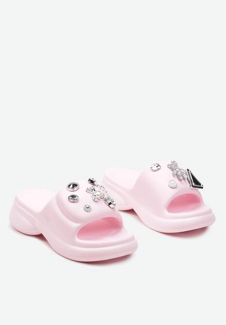 Różowe Płaskie Klapki z Lekkiej Pianki na Grubej Podeszwie z Ozdobnymi Aplikacjami Cisa