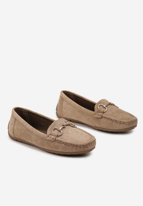Ciemnobeżowe Mokasyny z Imitacji Zamszu z Ozdobną Klamrą Xanera