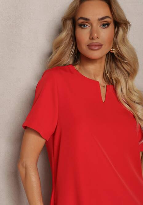 Czerwona Trapezowa Sukienka Mini z Krótkim Rękawem i Kieszeniami Vrea