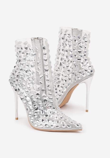 Srebrne Eleganckie Przezroczyste Botki na Szpilce z Kryształkami Ravista