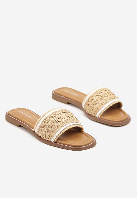 Ciemnobeżowe Klapki Ozdobione Plecioną Cholewką Nimiolia