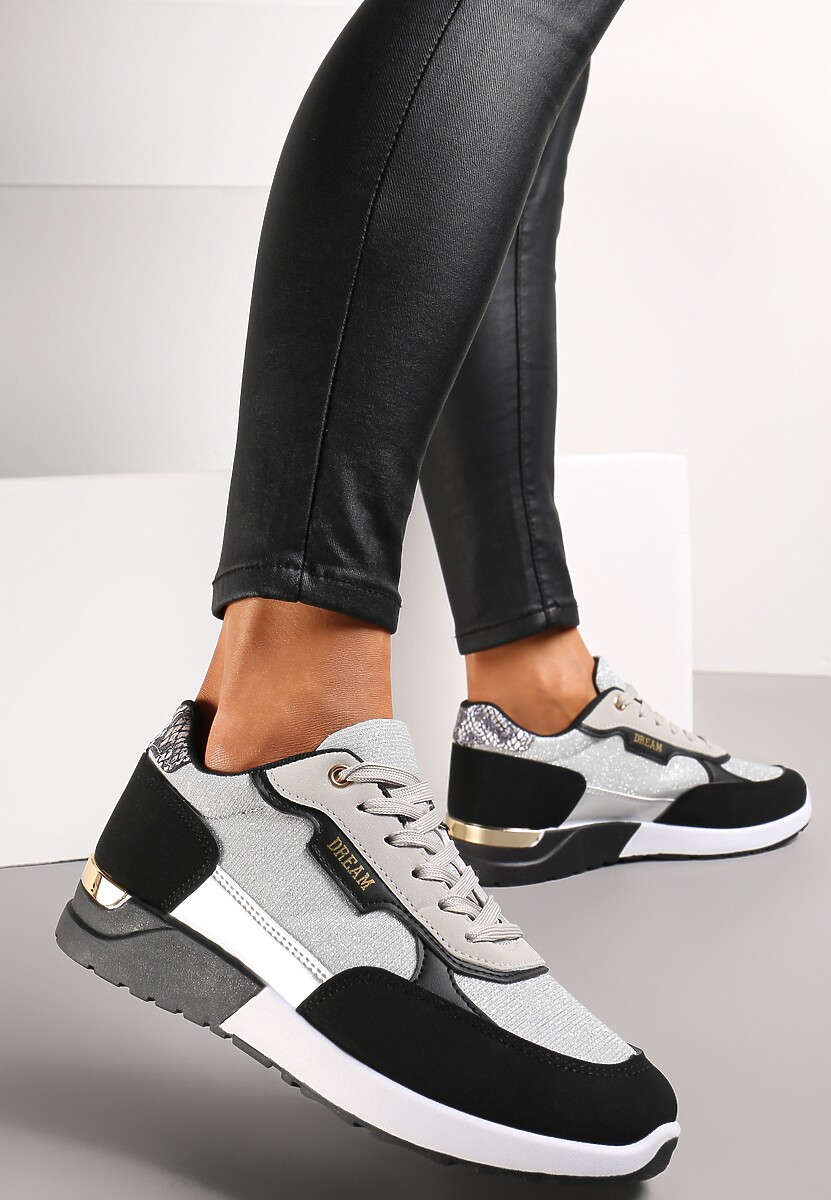 Srebrno-Czarne Sneakersy Brokatowe z Metaliczną Wstawką Kemanne