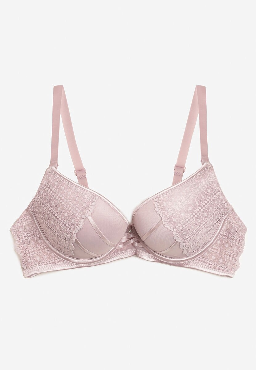 Jasnofioletowy Biustonosz o Fasonie Push Up Ozdobiony Koronką i Cyrkoniami Topazia