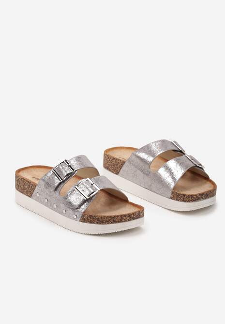 Srebrne Klapki Chodaki na Grubej Podeszwie z Dwoma Klamrami Steccama