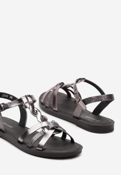 Czarne Płaskie Sandały z Imitacji Skóry Zapinane na Sprzączkę Obianna