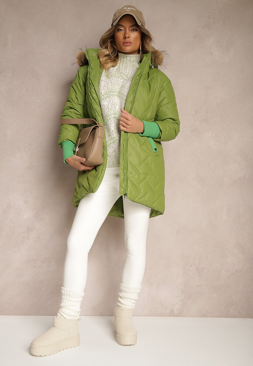 Zielona Kurtka z Pikowanym Wzorem Ściągaczami Odpinanym Futerkiem i Kapturem Ellithri