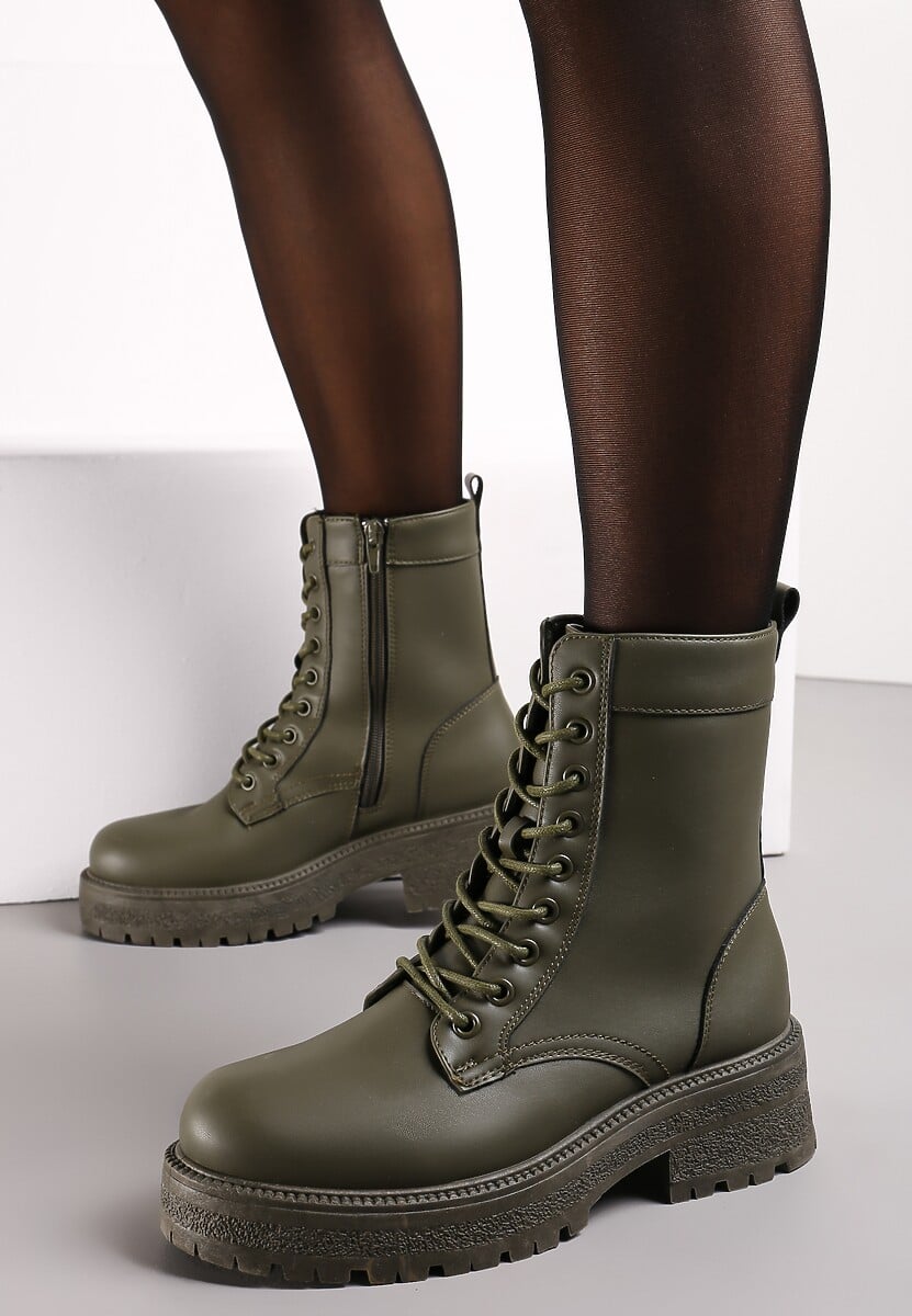 Zielone Sznurowane Botki na Grubej Podeszwie Attira