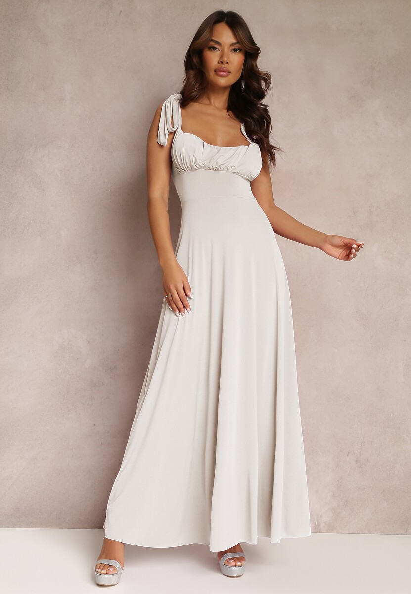 Jasnobeżowa Długa Sukienka z Marszczonym Dekoltem i Wiązanymi Ramiączkami Rozvita