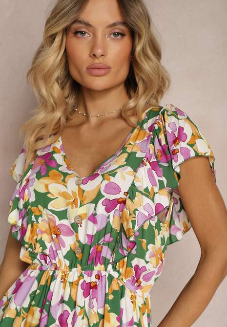 Zielono-Różowa Taliowana Bawełniana Sukienka w Kwiaty z Falbanami przy Ramionach z Gumką w Talii Nelova