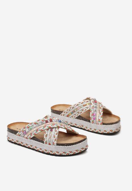 Białe Klapki Ozdobione Kolorową Nitką Cyrkoniami i Brokatem na Grubej Podeszwie Adanrie