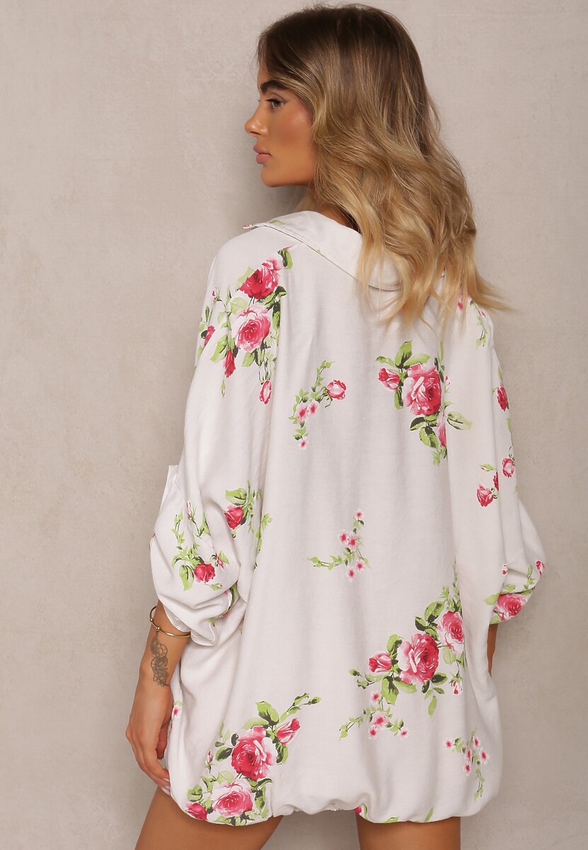 Biało-Różowa Wiskozowa Koszula Ściągana na Dole o Kwiatowym Wzorze Tinovis