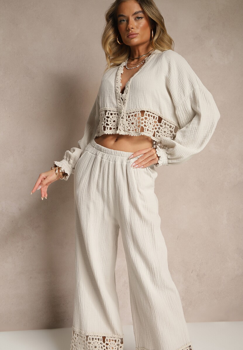 Różowy Komplet z Bawełny z Ażurowymi Wstawkami Bluzka i Spodnie Paladorea