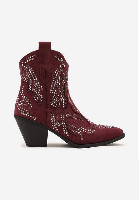 Bordowe Kowbojki Botki Ozdobione Cyrkoniami na Stożkowym Słupku Tulmira