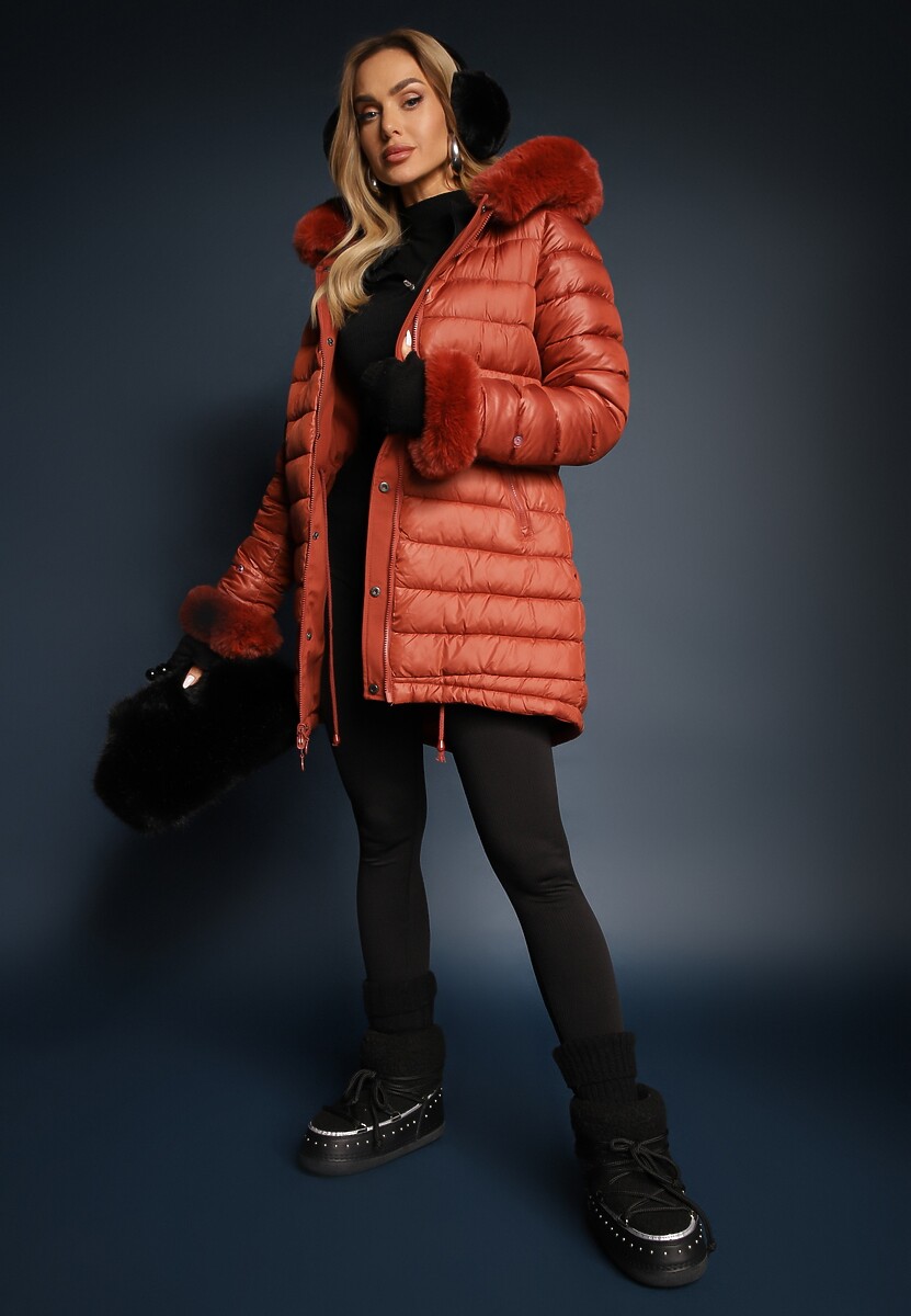 Pomarańczowa Dwustronna Kurtka o Fasonie Parki z Kapturem i Odpinanym Futerkiem Nevetalie