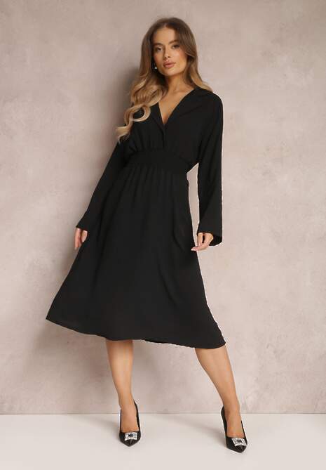 Czarna Koszulowa Sukienka Midi z Gumką w Pasie Natelin