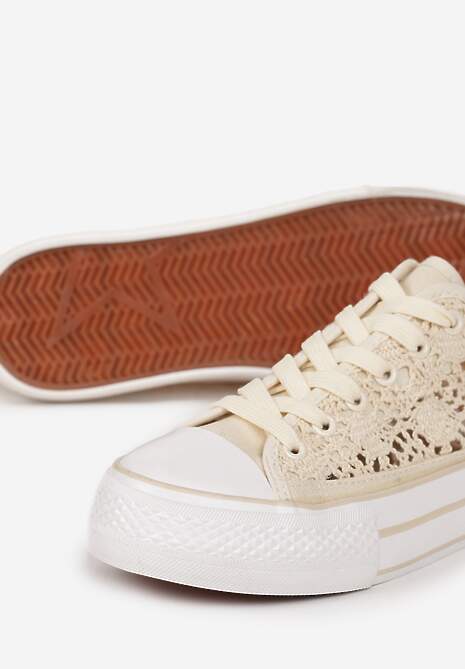 Beżowe Trampki Przed Kostkę z Ażurową Cholewką Shiliarre