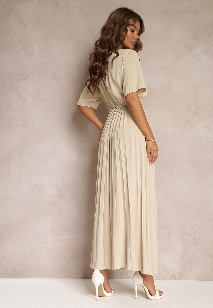 Beżowa Rozkloszowana Sukienka Plisowana z Wiązanym Paskiem Eilemona