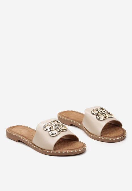 Beżowe Klapki na Pasku Metaliczna Ozdoba z Cyrkoniami Deruta