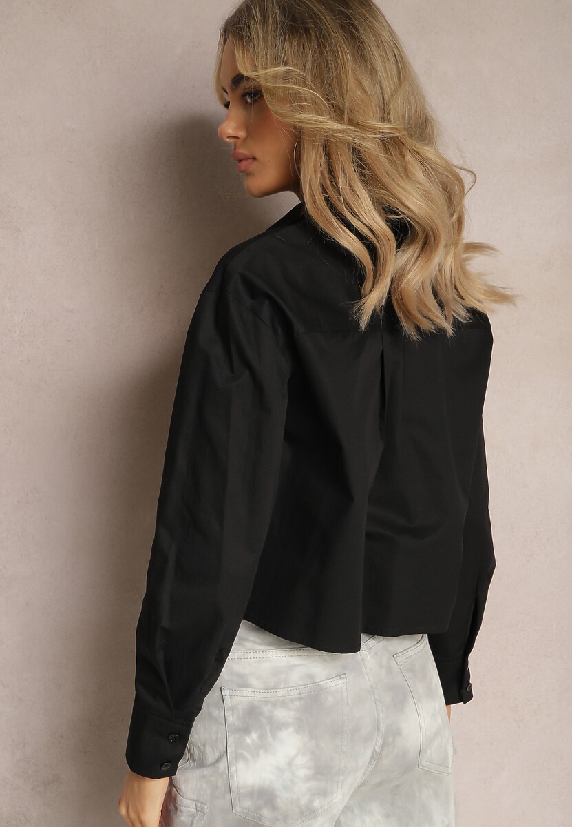 Czarna Krótka Koszula z Bawełny Ozdobiona Imitacją Kieszeni Nordulia