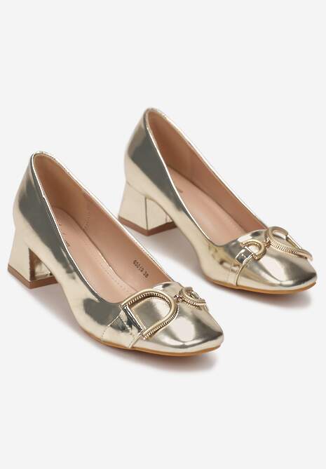 Złote Czółenka na Obcasie z Lakierowanej Imitacji Skóry Lohani