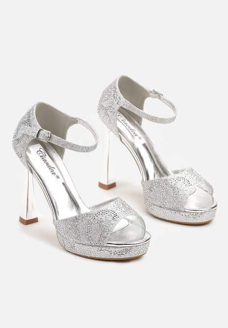 Srebrne Sandały na Szpilce z Brokatem i Cyrkoniami Fenanora
