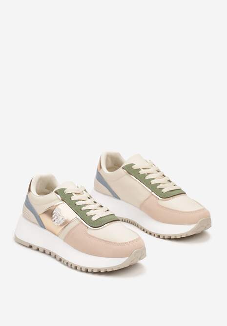 Beżowo-Różowe Sneakersy z Naszywką Serduszka i Piankową Platformą Timera