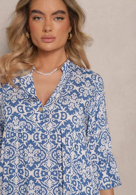 Niebieska Rozkloszowna Sukienka z Bawełny w Ornamentalny Wzór z Falbaną Lanariella