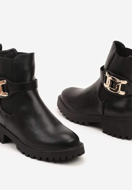 Czarne Botki Sztyblety na Słupku z Metaliczną Ozdobą Venselle