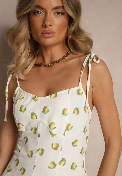 Biała Sukienka na Cienkich Wiązanych Ramiączkach w Cytrynowy Print Efrinira