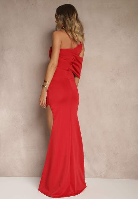 Czerwona Asymetryczna Sukienka Koktajlowa z Rozcięciem i Marszczeniem Kremelia
